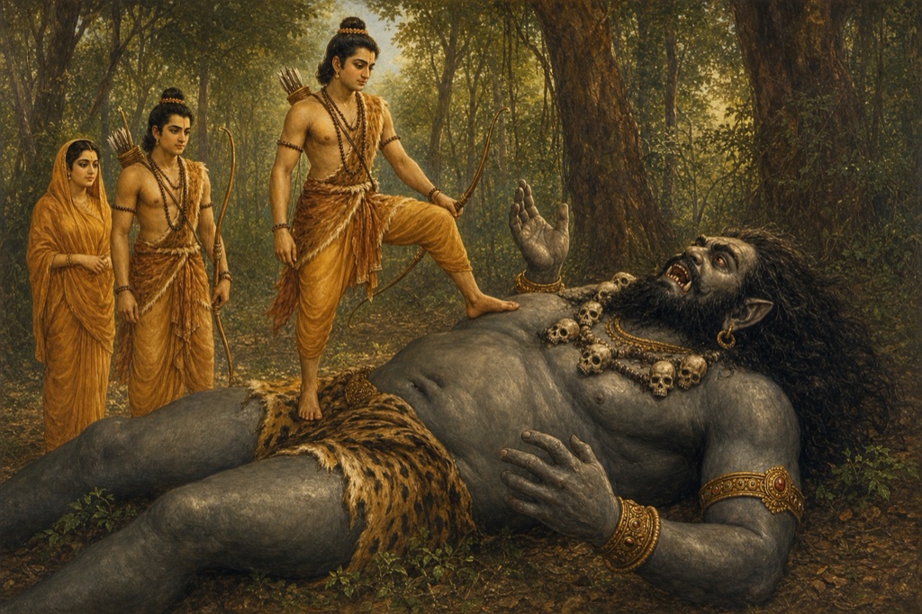 राम गिरे हुए विशालकाय विराध की छाती पर पैर रखे खड़े हैं, पीछे सीता और लक्ष्मण