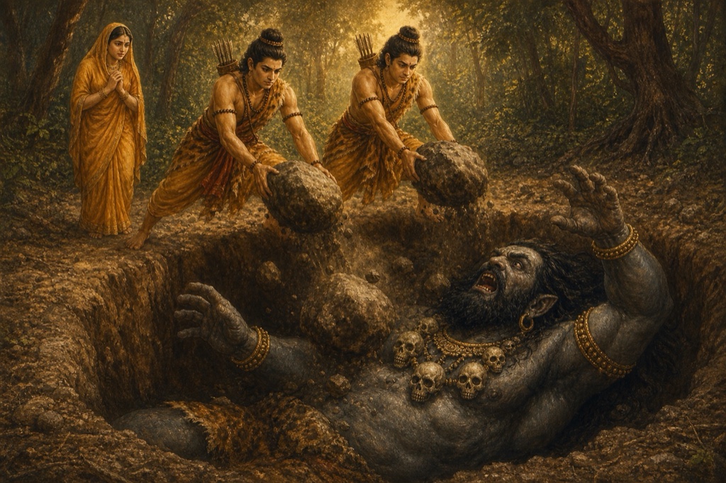 राम और लक्ष्मण गड्ढे में पड़े विराध पर मिट्टी और पत्थर डालकर उसे गाड़ते हुए