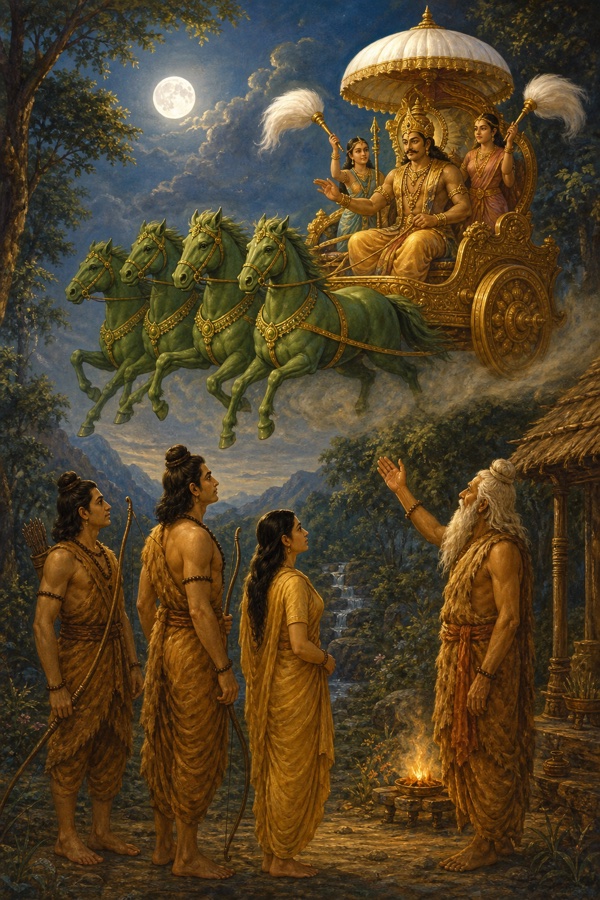 देवराज इंद्र हरे घोड़ों के उड़ते रथ पर आकाश में, नीचे शरभंग आश्रम में राम सीता लक्ष्मण