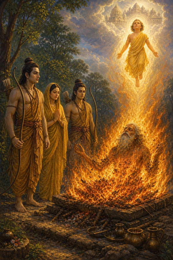 शरभंग ऋषि योगाग्नि में देह त्यागकर तेजस्वी युवा रूप में दिव्य लोक की ओर उठते हुए
