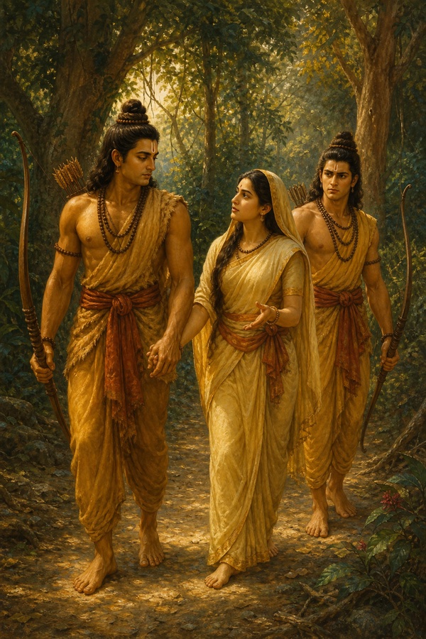 राम सीता का हाथ थामे वन मार्ग पर चलते हुए, पीछे लक्ष्मण धनुष लिए साथ