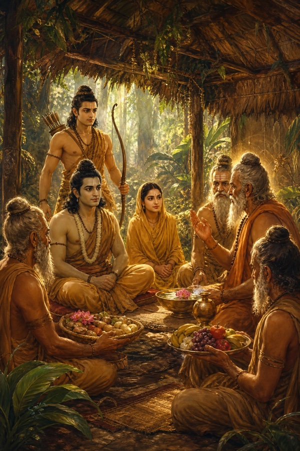 राम आश्रम में ऋषियों के बीच बैठे हैं, ऋषि फल-फूल भेंट कर उनसे वार्ता करते हुए