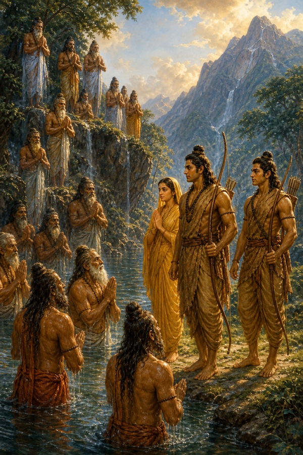 पर्वतीय नदी के तट और जल में अनेक ऋषि हाथ जोड़े राम सीता लक्ष्मण का स्वागत करते हुए