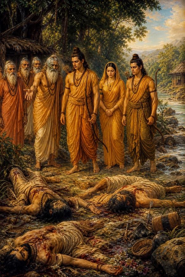 ऋषि राम को राक्षसों द्वारा मारे गए तपस्वियों के शव दिखाते हुए, सीता और लक्ष्मण पास खड़े