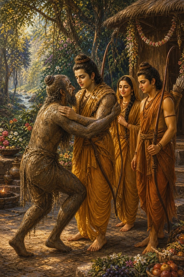 भस्म और मिट्टी से लिपटा तपस्वी राम को गले लगाता हुआ, पीछे सीता और लक्ष्मण मुस्कुराते