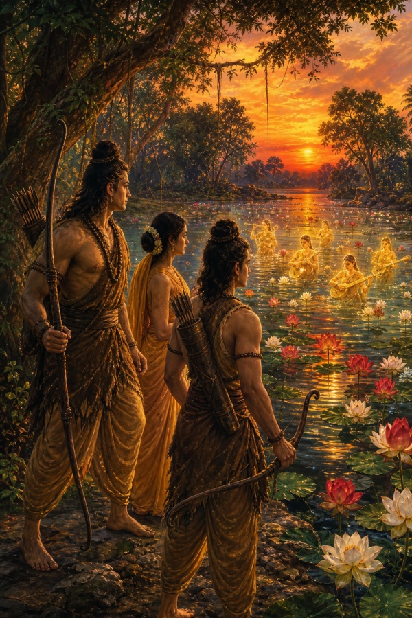 राम सीता और लक्ष्मण संध्या में कमलों भरे सरोवर को निहारते हुए, जल में दिव्य अप्सराएं वीणा बजाती