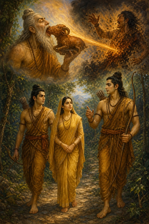 वन मार्ग पर चलते राम सीता लक्ष्मण, ऊपर अगस्त्य द्वारा वातापि भक्षण और इल्वल दहन का दृश्य