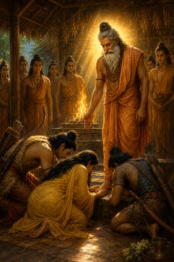 महर्षि अगस्त्य आश्रम में चरणों में झुके राम सीता और लक्ष्मण को आशीर्वाद देते हुए