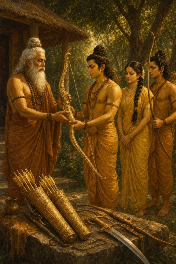 महर्षि अगस्त्य राम को स्वर्णजड़ित दिव्य धनुष सौंपते हुए, आगे बाणों से भरे तरकश और खड्ग रखे