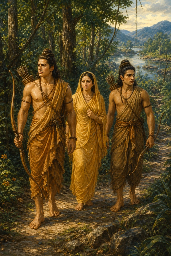 राम सीता और लक्ष्मण नदी और पहाड़ियों वाले हरे वन मार्ग से पंचवटी की ओर चलते हुए