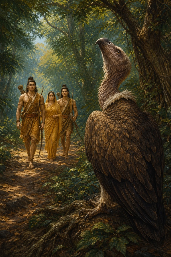 विशाल गृध्रराज जटायु वन की जड़ पर बैठा, सामने से आते राम सीता लक्ष्मण को देखता हुआ