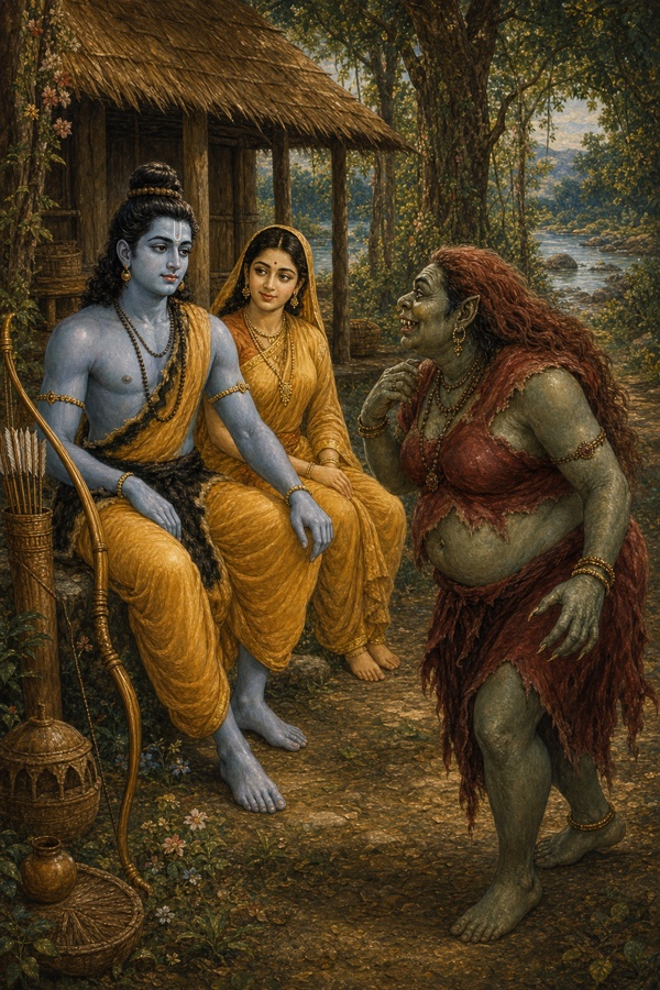 शूर्पणखा राक्षसी कुटिया के बाहर बैठे राम और सीता के पास आकर बातें करती हुई