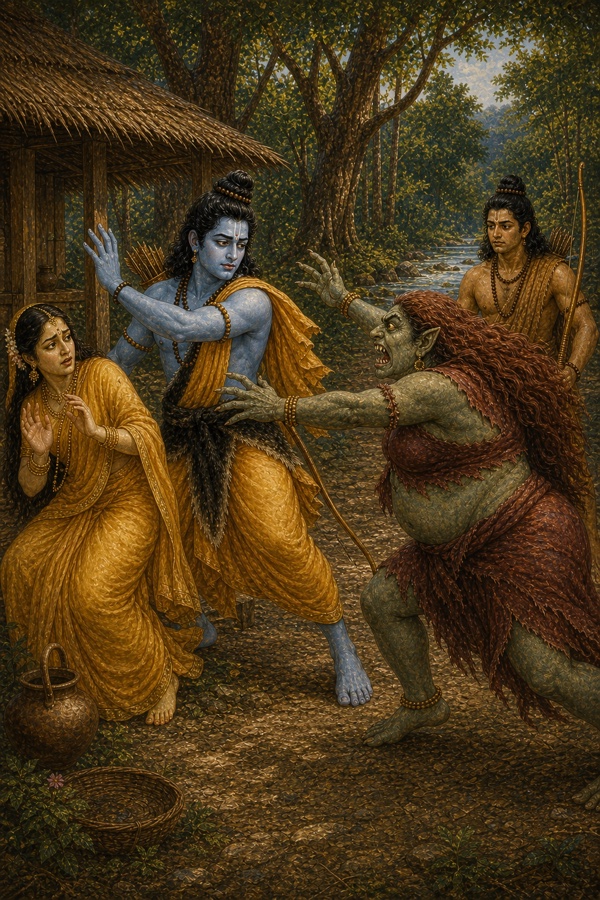 शूर्पणखा क्रोध में सीता पर झपटती हुई, राम बीच में हाथ बढ़ाकर सीता को बचाते हुए