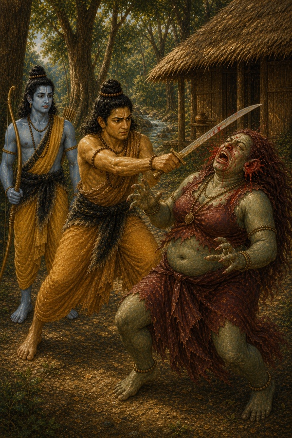 लक्ष्मण तलवार से शूर्पणखा के नाक-कान काटते हुए, वह पीड़ा से चीखती, पीछे राम खड़े