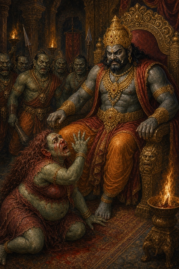 रक्त से लथपथ शूर्पणखा दरबार में सिंहासन पर बैठे खर के सामने विलाप करती हुई