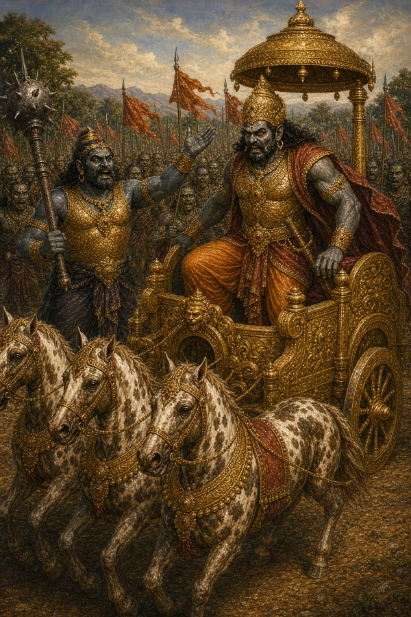 खर स्वर्ण रथ पर सवार होकर सेना को ललकारता हुआ, पास गदा उठाए राक्षस सेनापति