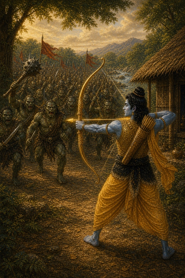राम धनुष खींचकर ध्वजाएं लिए बढ़ती राक्षस सेना पर तेजस्वी बाण छोड़ते हुए