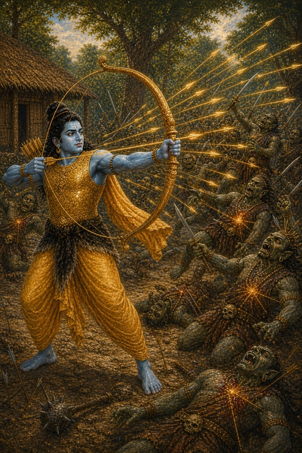 राम के धनुष से छूटते तेजस्वी बाणों से राक्षस योद्धा घायल होकर गिरते हुए
