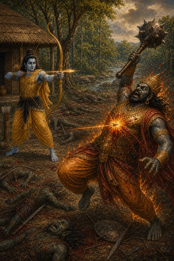 राम का जलता बाण गदा उठाए कवचधारी राक्षस योद्धा की छाती को भेदता हुआ, चारों ओर गिरे शव