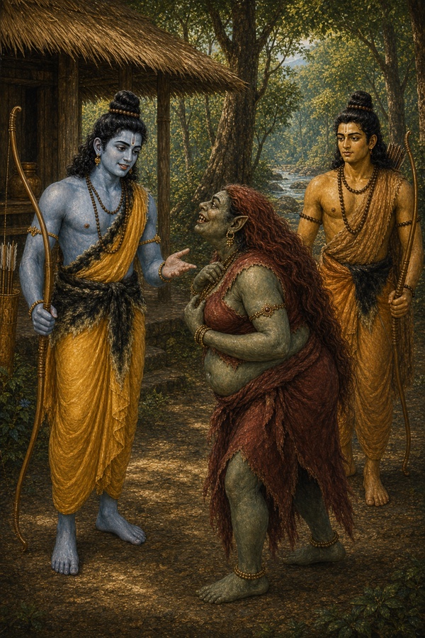 शूर्पणखा हंसती हुई राम से बातें करती है, राम शांत भाव से उत्तर देते हुए, पीछे लक्ष्मण