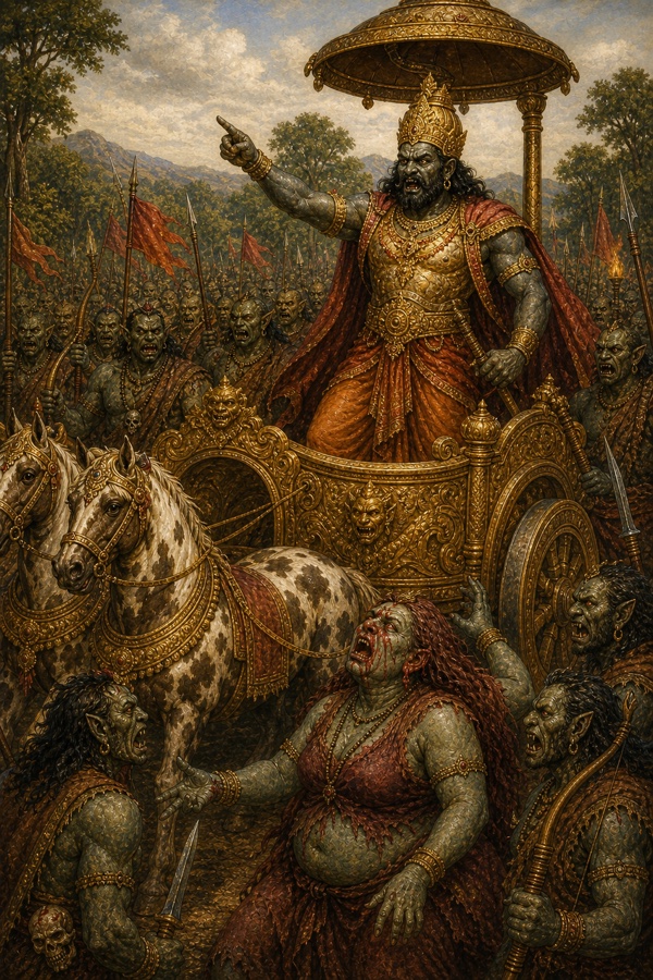 खर रथ पर खड़ा क्रोध से आदेश देता हुआ, नीचे घायल शूर्पणखा उसकी सेना के बीच