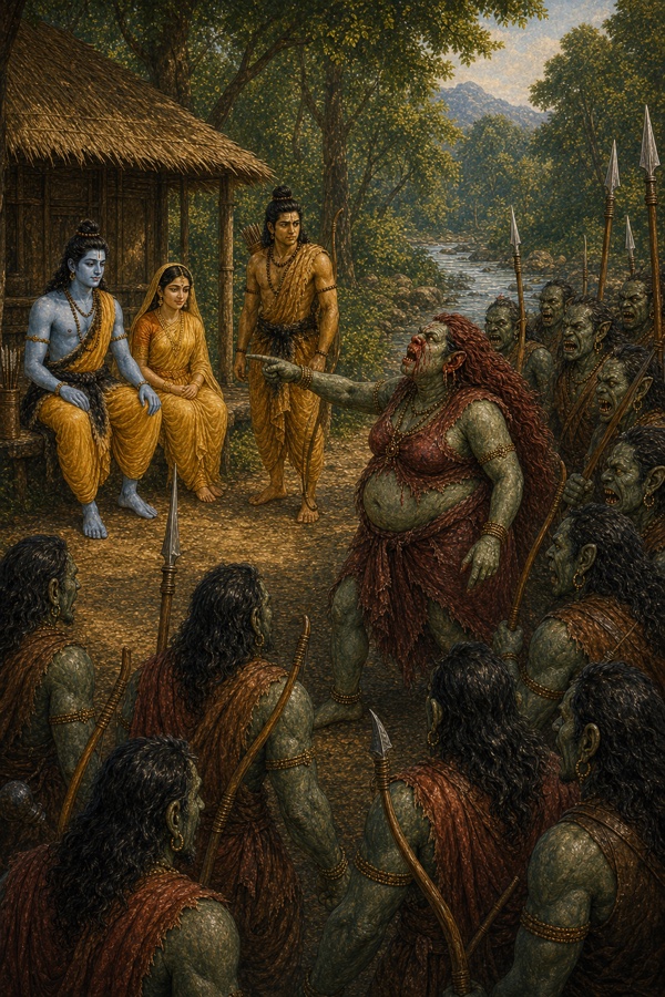घायल शूर्पणखा राक्षस सेना के आगे खड़ी होकर कुटिया में बैठे राम और सीता की ओर संकेत करती हुई