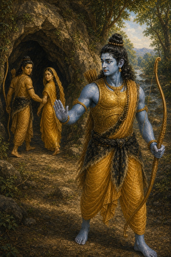 राम हाथ के संकेत से लक्ष्मण को सीता के साथ गुफा में सुरक्षित जाने का निर्देश देते हुए