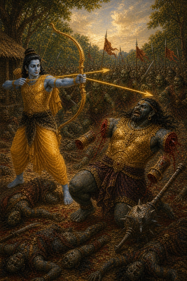 राम के बाण भुजाएं कटे स्वर्ण कवचधारी राक्षस योद्धा को भेदते हुए, चारों ओर गिरी सेना