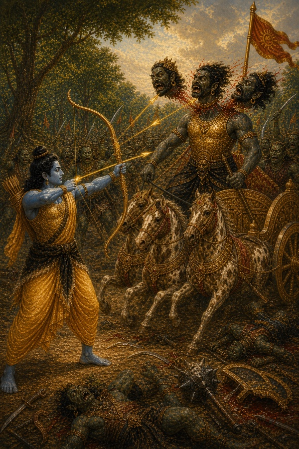 राम के बाणों से त्रिशिरा के तीनों मस्तक कटकर उड़ते हुए, पीछे राक्षस सेना और रथ