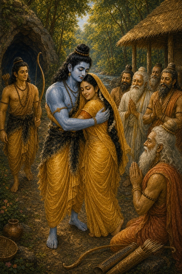 युद्ध के बाद सीता राम को गले लगाती हुईं, चारों ओर ऋषि हाथ जोड़कर आनंदित