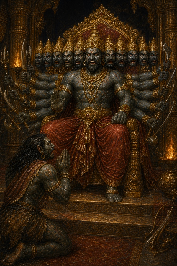 दस सिर वाला रावण स्वर्ण सिंहासन पर बैठा है और सामने एक वनचर राक्षस हाथ जोड़े झुका है।