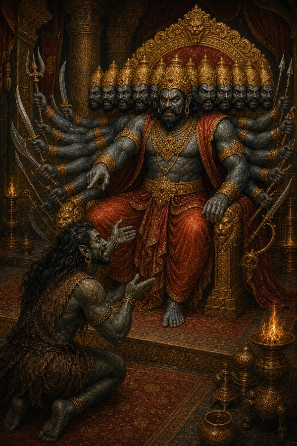 सिंहासन से झुककर रावण घुटनों पर बैठे जटाधारी राक्षस की ओर उँगली उठाकर कुछ आदेश देता है।