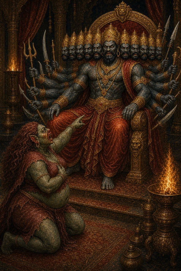 कटे मुख से लहूलुहान शूर्पणखा सिंहासन पर बैठे रावण के आगे हाथ उठाकर अपनी व्यथा सुनाती है।