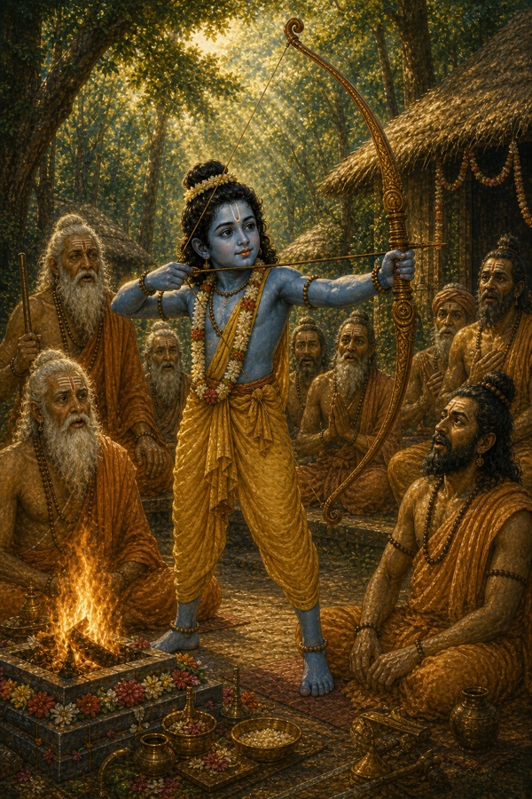 किशोर राम वन आश्रम में यज्ञ की रक्षा करते हुए ऋषियों के बीच धनुष पर बाण चढ़ाते हैं।