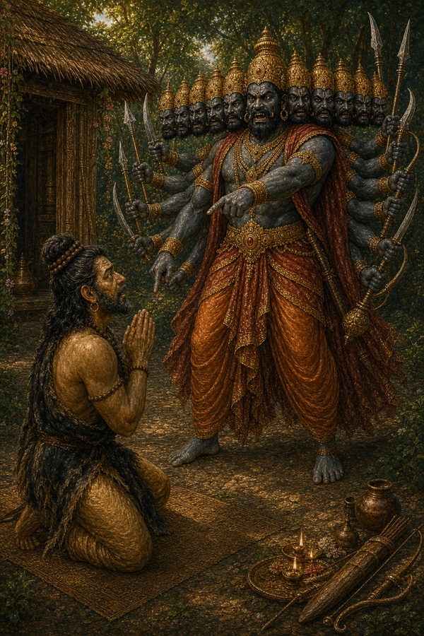 कुटिया के आगे हाथ जोड़े बैठे मारीच की ओर रावण उँगली उठाकर अपनी आज्ञा सुनाता है।