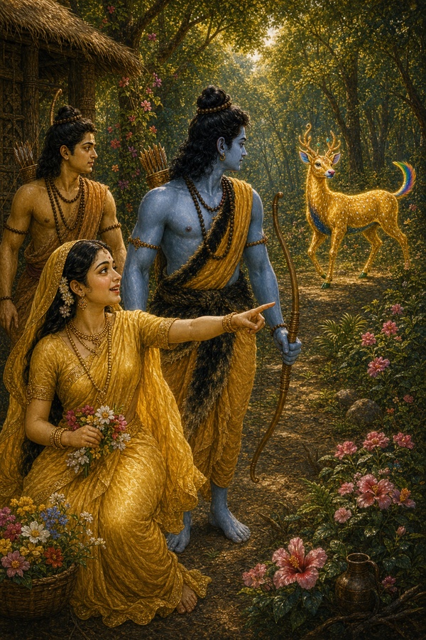 सीता उत्साह से स्वर्ण मृग की ओर संकेत करती हैं, पास धनुष लिए राम और लक्ष्मण खड़े हैं।