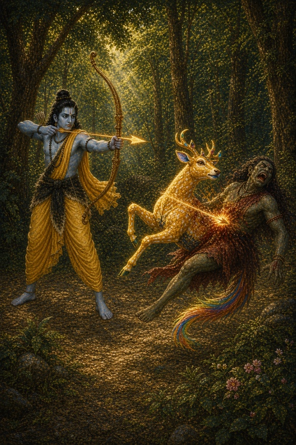 राम के बाण से बिंधा स्वर्ण मृग गिरते हुए अपने असली राक्षस रूप मारीच में बदलता है।