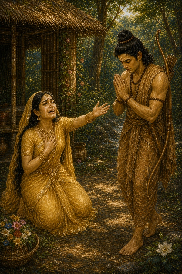 रोती हुई सीता बाँह बढ़ाकर हाथ जोड़े खड़े लक्ष्मण से वन में जाने का आग्रह करती हैं।