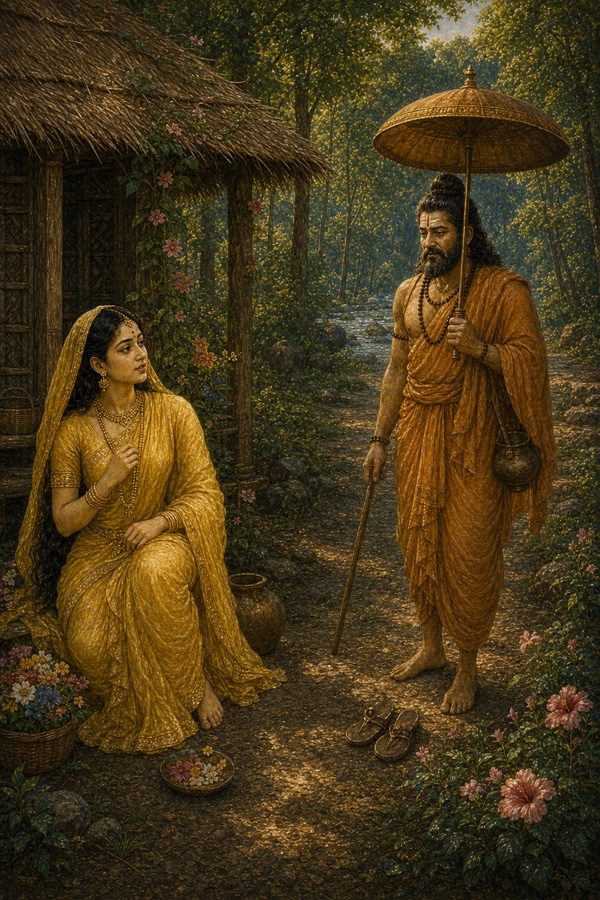 छाता और दंड लिए साधु वेश में आया रावण कुटिया के बाहर बैठी सीता से बात करता है।