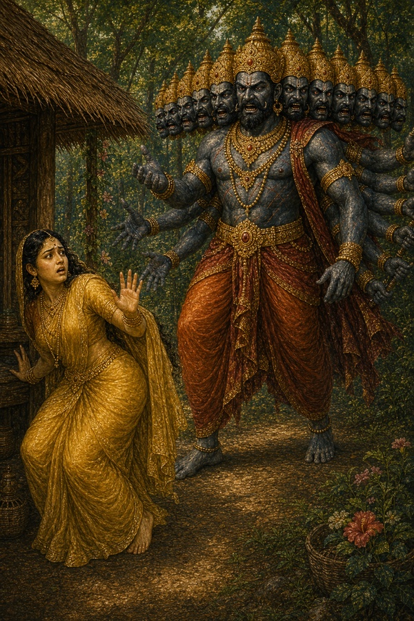 दस सिर वाले रूप में प्रकट रावण के आगे सीता कुटिया के पास सहमकर हथेली उठाती हैं।