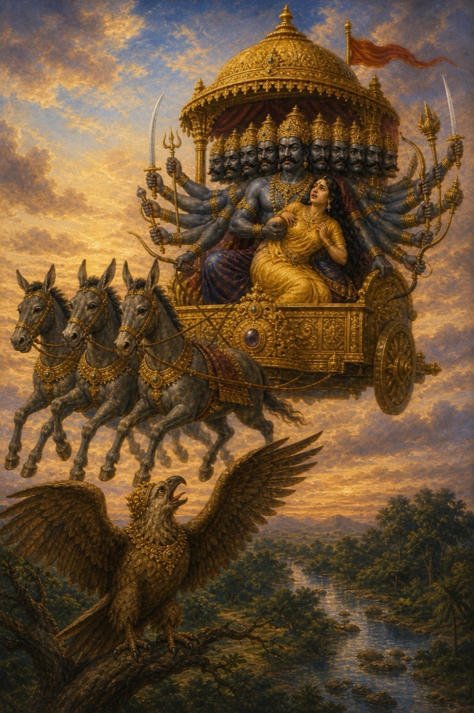रावण सीता को लेकर आकाश मार्ग से उड़ा जा रहा है और नीचे वृक्ष से जटायु पंख फैलाकर ललकारता है।