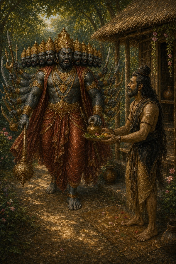 आश्रम पहुँचे गदाधारी रावण का मारीच फल और जल का पात्र लेकर स्वागत करता है।