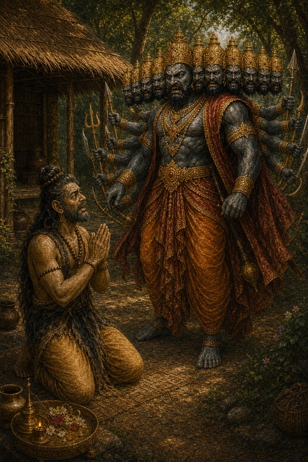 कुटिया के आगे घुटनों पर बैठा मारीच हाथ जोड़कर क्रोधित रावण से विनती करता है।