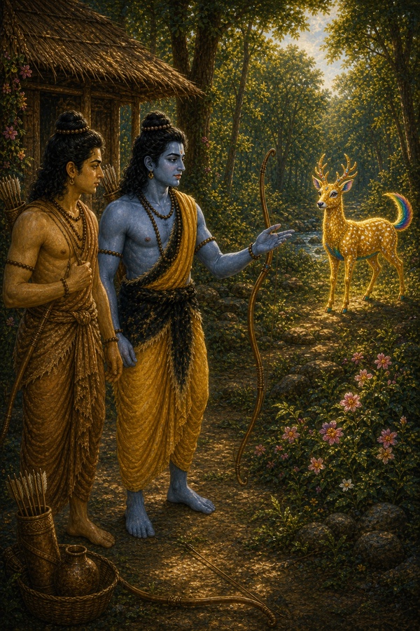 कुटिया के पास खड़े राम धनुष थामे हाथ बढ़ाते हैं और लक्ष्मण के साथ स्वर्ण मृग को देखते हैं।