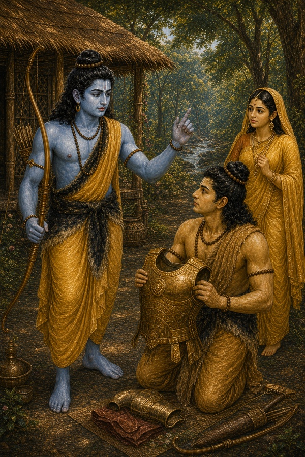राम उँगली उठाकर निर्देश देते हैं, घुटनों पर बैठे लक्ष्मण स्वर्ण कवच थामे हैं, पीछे सीता खड़ी हैं।