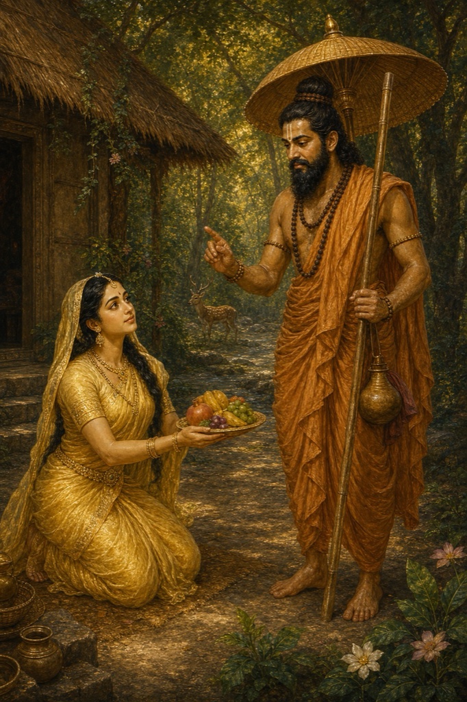 संन्यासी वेश में छाता और दंड लिए रावण को सीता घुटनों पर बैठकर फलों का थाल देती हैं।
