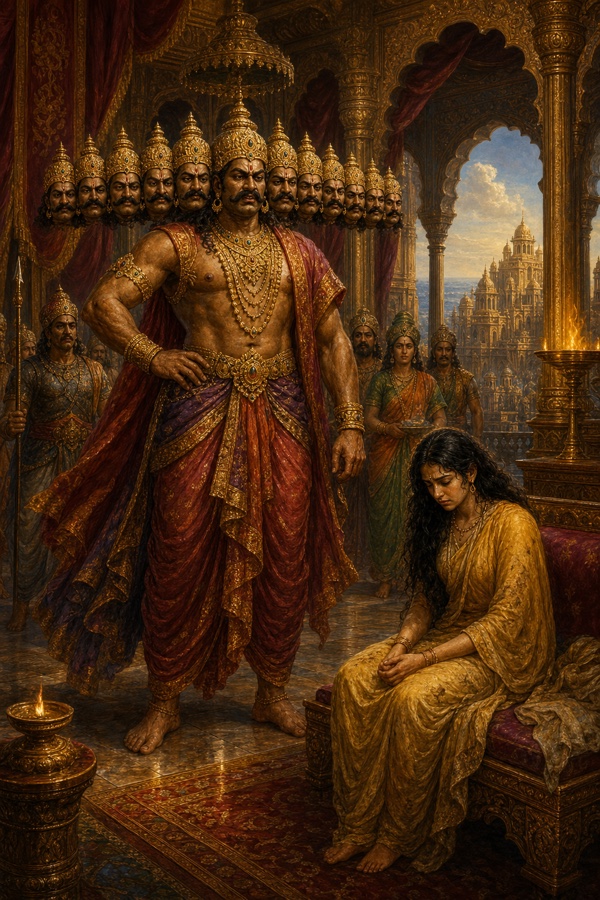लंका के महल में दस सिर वाला रावण खड़ा है और पास आसन पर सीता सिर झुकाए बैठी हैं।