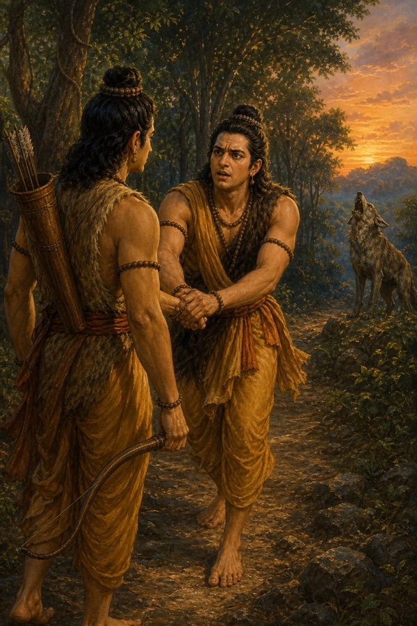 संध्या के वन पथ पर राम और लक्ष्मण व्याकुल होकर हाथ थामते हैं, पीछे सियार चिल्लाता है।