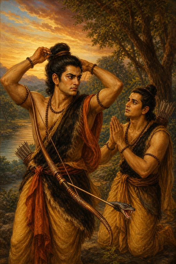 क्रोध में राम अपनी जटाएँ बाँधते हैं और लक्ष्मण घुटनों पर हाथ जोड़कर उन्हें शांत करते हैं।