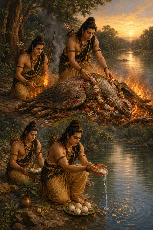 राम और लक्ष्मण जटायु का फूलों से सजा दाह संस्कार करते हैं और नदी तट पर जलांजलि देते हैं।
